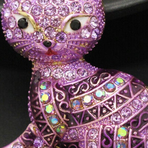 Betsey Johnson Adorable Purple Striped Rhinestone & Enamel CAT Pendant Necklace - Picture 8 of 8